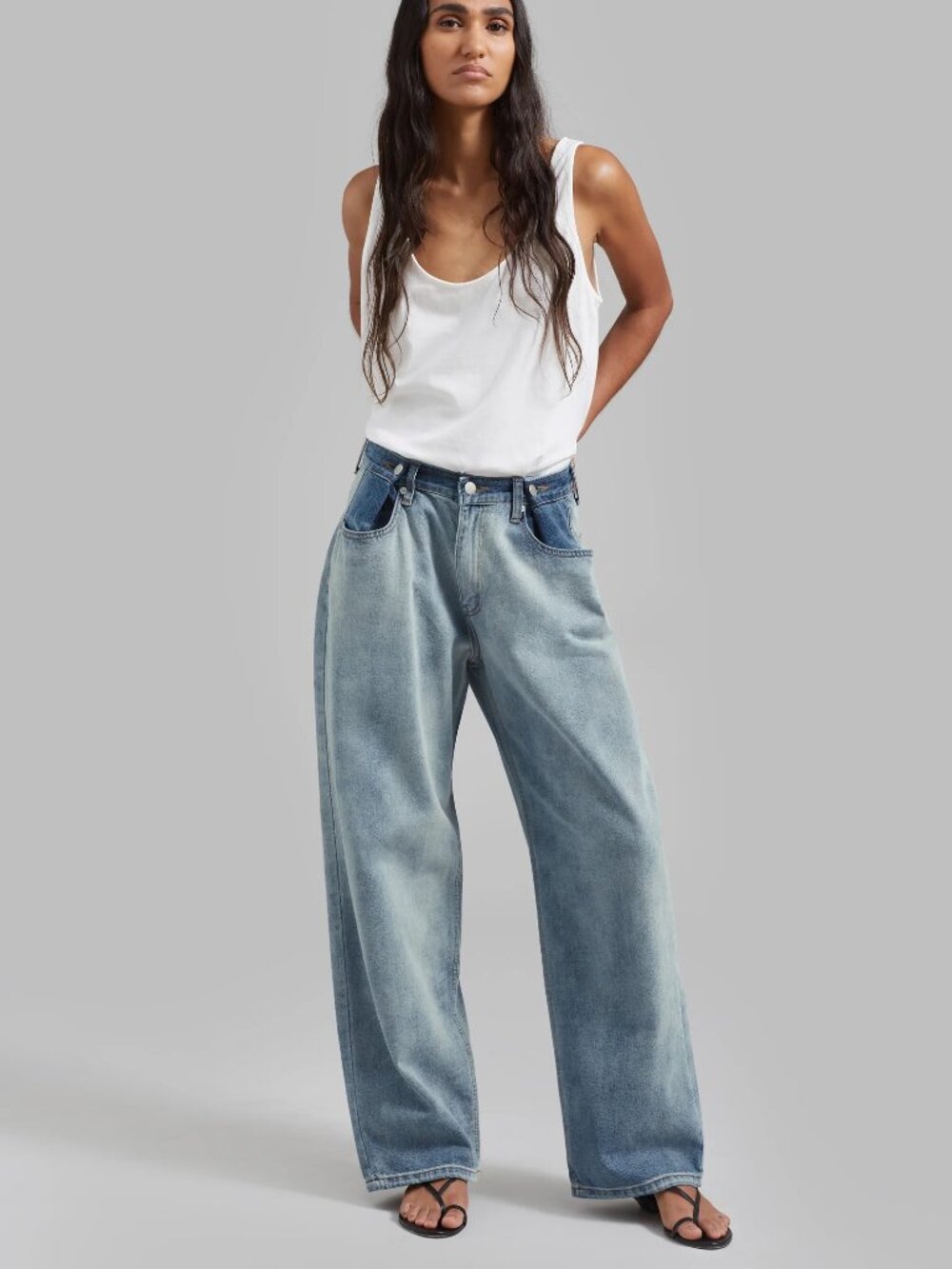 The Frankie Shop Hayla Contrast Denim Pants in Light Wash/Blue NEW